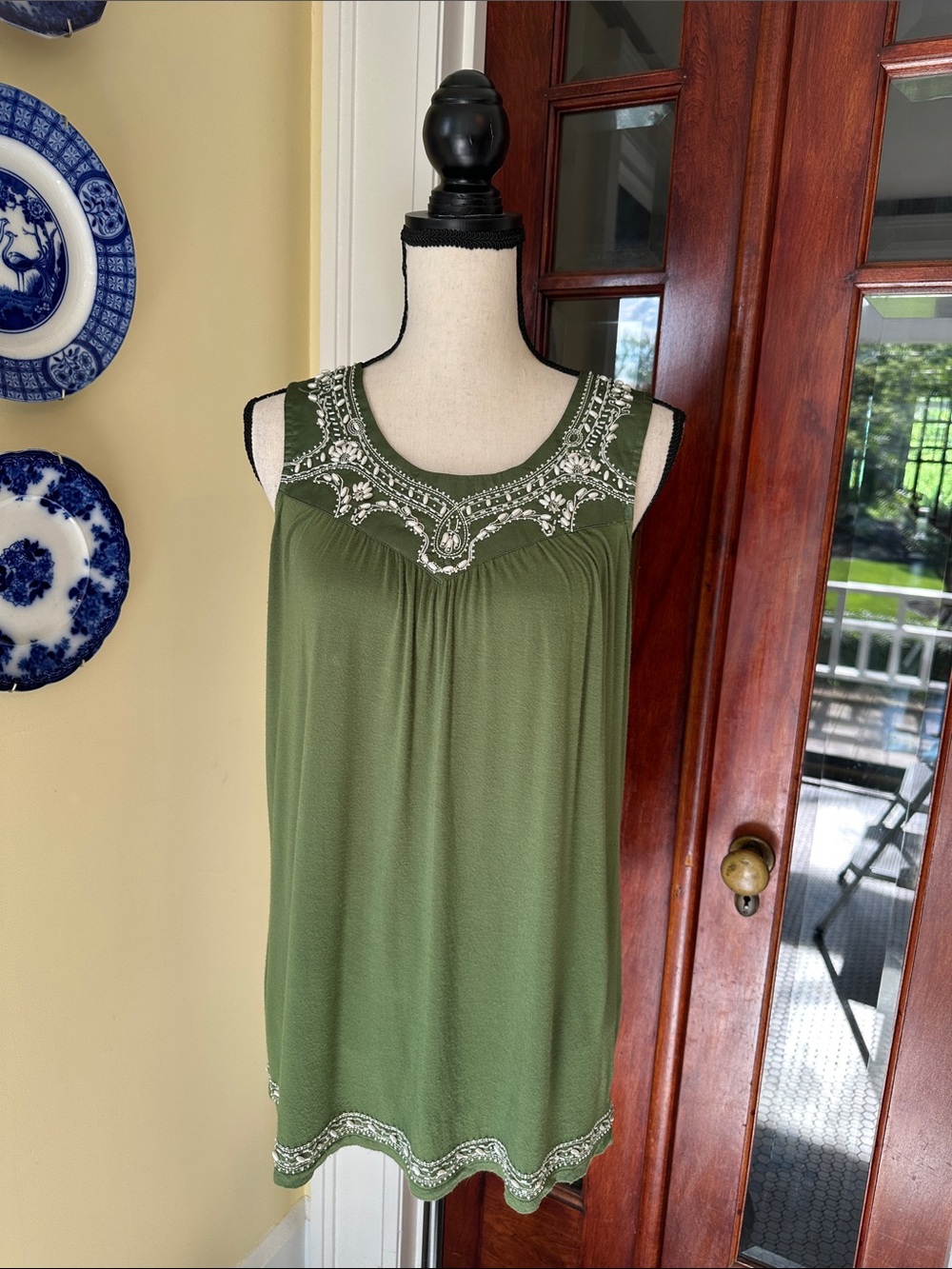 Y2K Twentyone Olive Green Beaded Embroidered Boho Tunic Tank Top, Size L